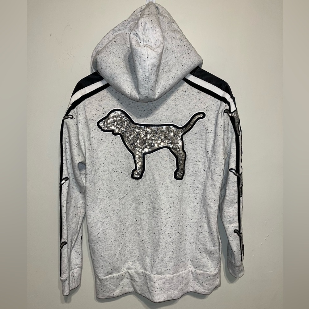 RARE Victoria's Secret Pink Bling Campus Sherpa Hooded Q Zip Silver Dog Ptp 21”